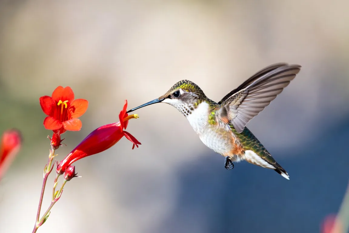 A hummingbird hovering beside a red desert flower at dawn