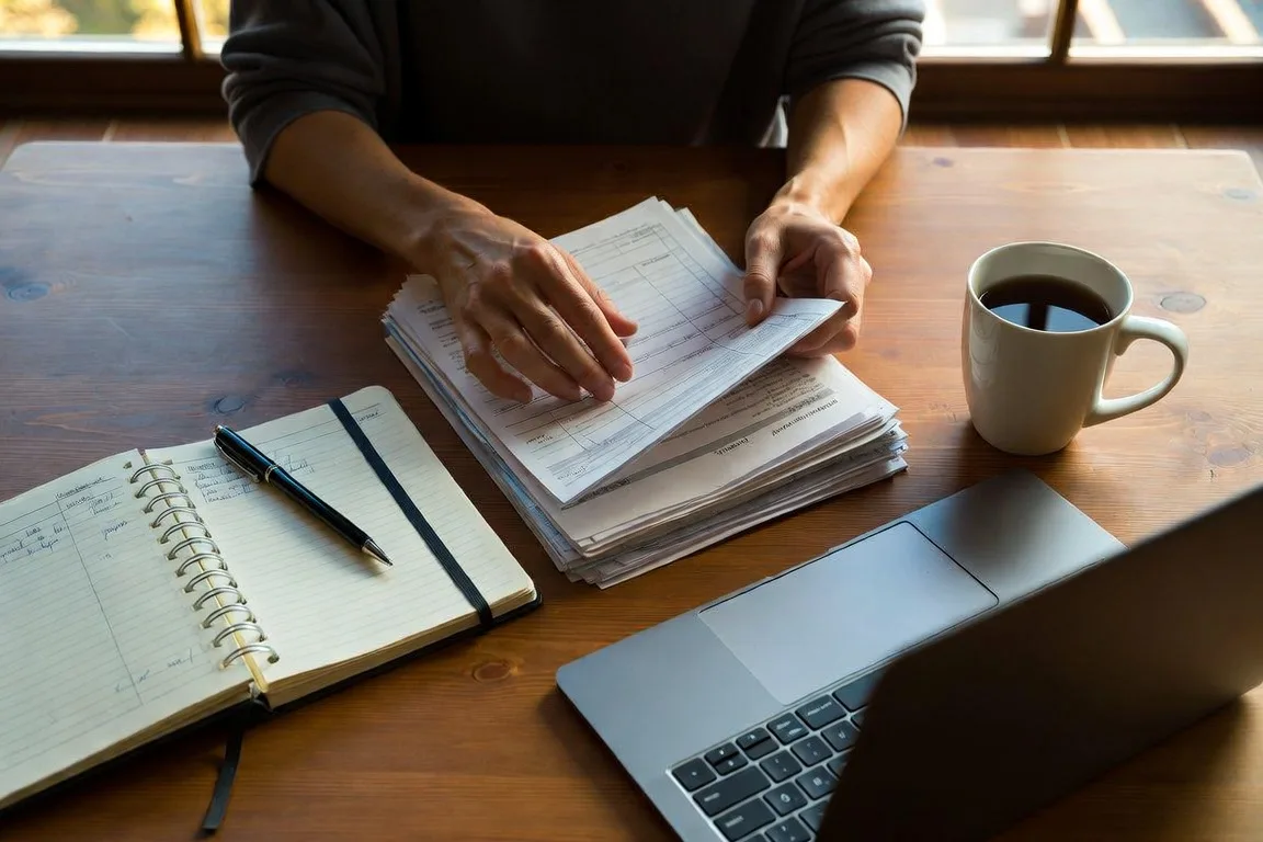 Bank statements, a mileage log and a mug of tea on a kitchen table