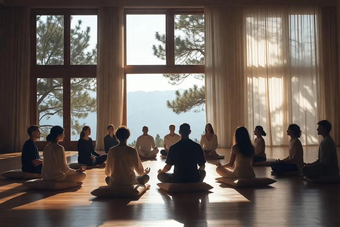 A circle of friends in quiet meditation at a sunlit retreat hall