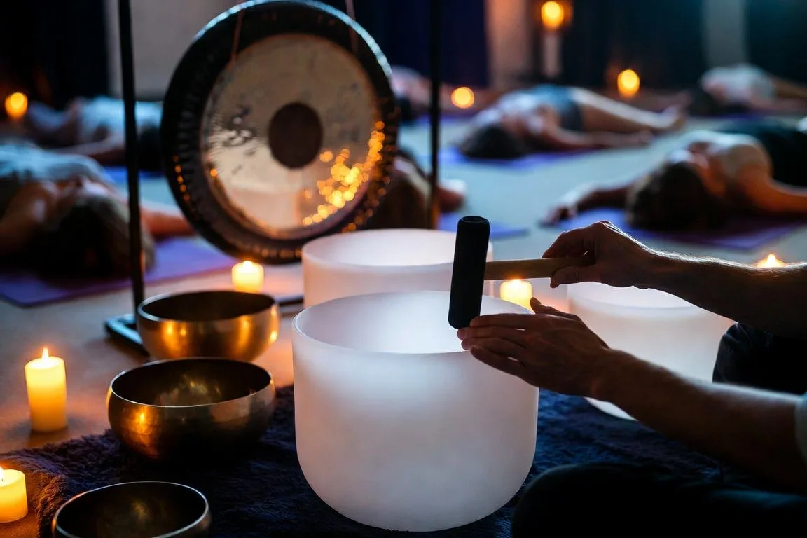Crystal singing bowls in a softly lit sound healing studio