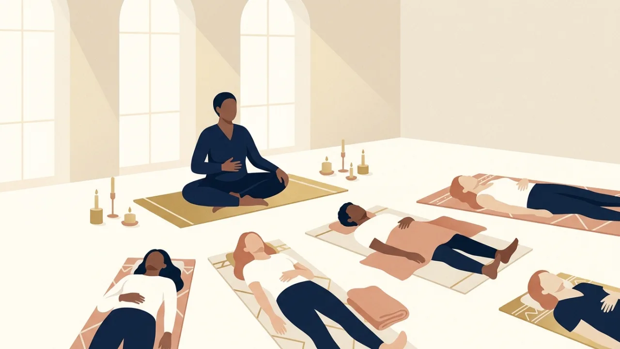 Illustration of a breathwork facilitator seated at the front of a studio with a hand on their belly while participants lie on mats around them