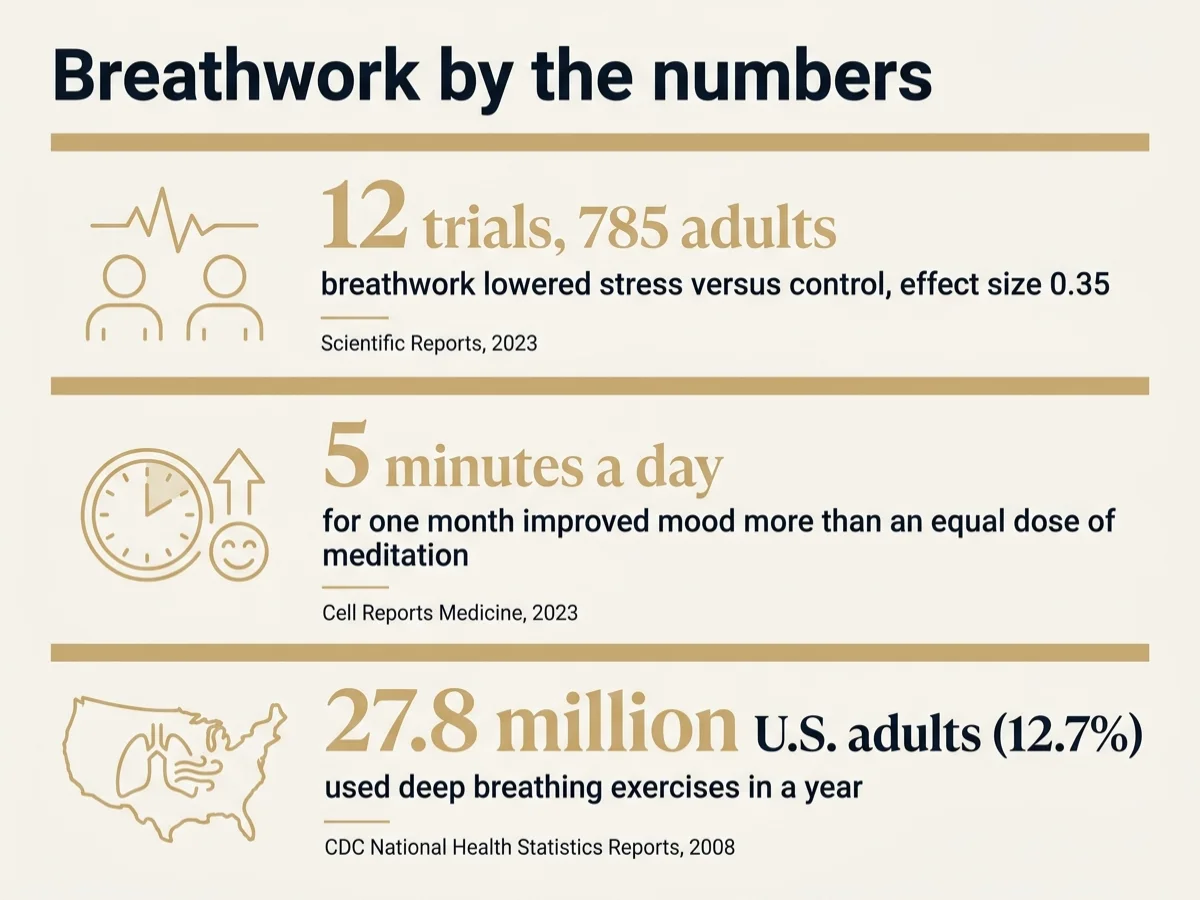 Infographic titled Breathwork by the numbers: 12 trials with 785 adults, breathwork lowered stress versus control with an effect size of 0.35 (Scientific Reports, 2023); 5 minutes a day for one month improved mood more than an equal dose of meditation (Cell Reports Medicine, 2023); 27.8 million U.S. adults, 12.7%, used deep breathing exercises in a year (CDC, 2008)
