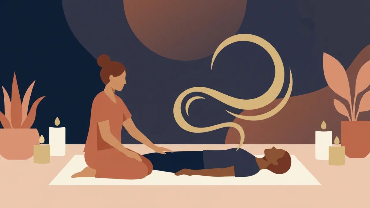 Illustration of a breathwork facilitator kneeling beside a participant lying on a mat, a hand lightly on the participant's shoulder, a soft gold arc showing a slow breath