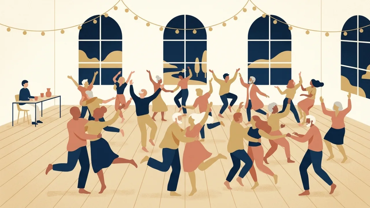 Illustration of an ecstatic dance gathering in a large wooden-floored hall, adults of many ages moving freely with arms raised under string lights