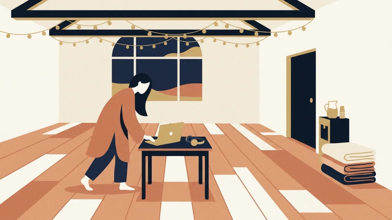 Illustration of a dance facilitator setting up an empty wooden-floored hall before a session, a small table with a laptop and headphones, folded blankets and a water station by the door