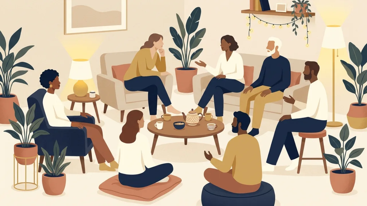 Illustration of eight adults sitting in a ring of chairs and cushions in a cozy living room, one facilitator listening, warm lamps and a pot of tea