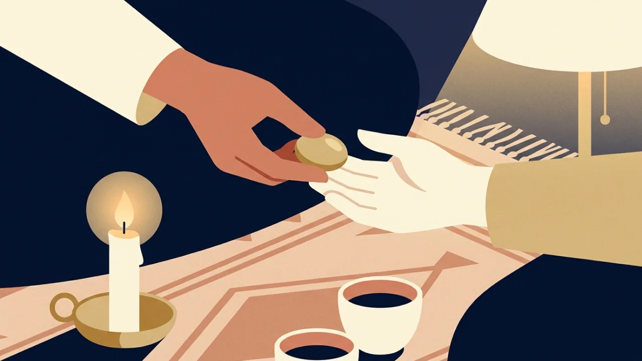 Illustration of two people's hands in a circle, one passing a small smooth talking stone to the next, a candle and cups of tea on a woven rug