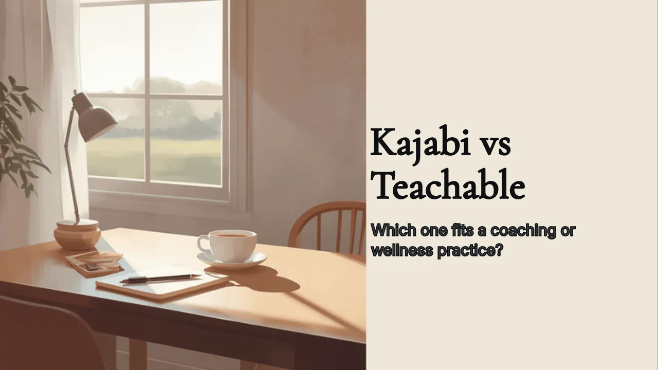 A wooden desk by a bright window with a lamp, a cup of tea and an open notebook, beside an ivory panel reading Kajabi vs Teachable, which one fits a coaching or wellness practice