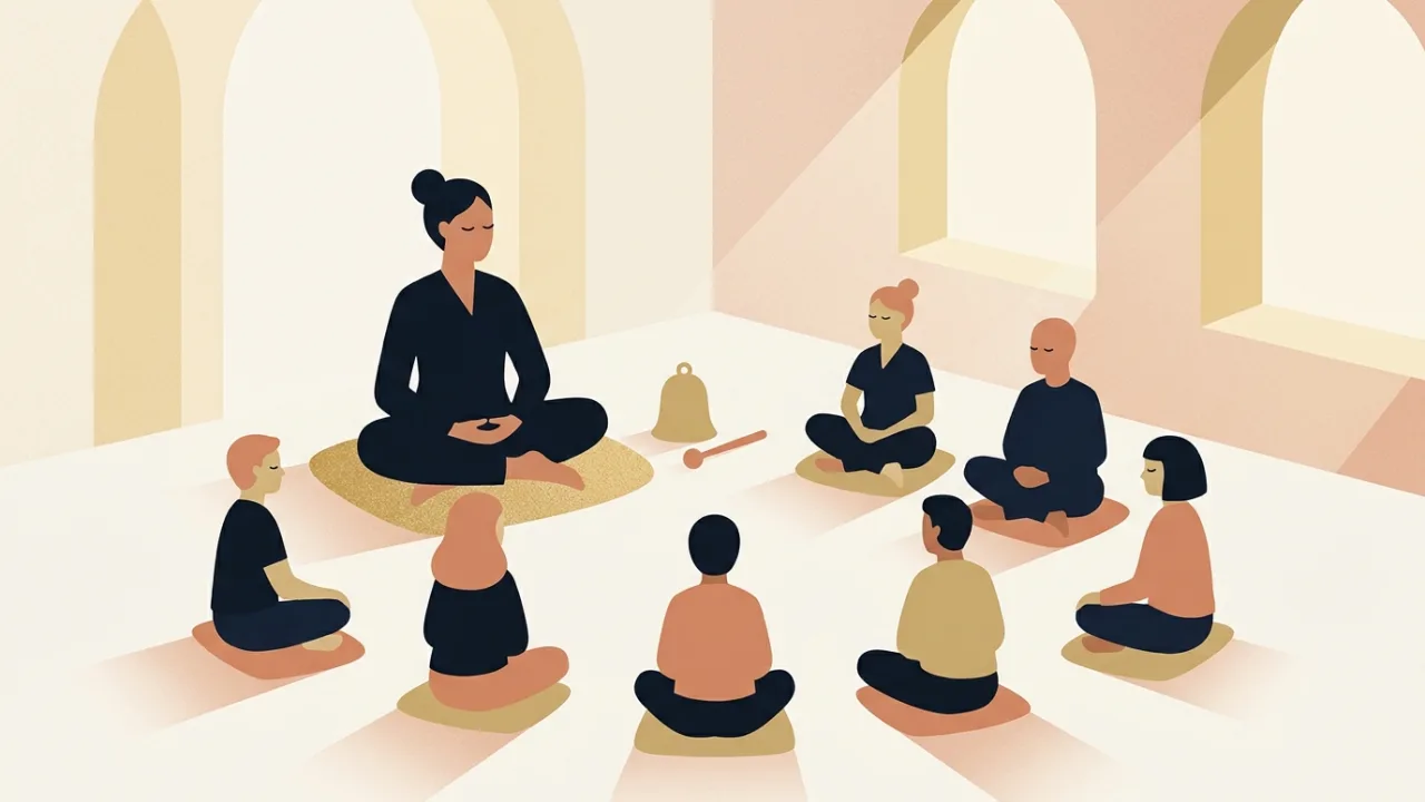 Illustration of a meditation teacher seated on a cushion at the front of a bright room with a small circle of students sitting quietly, eyes closed