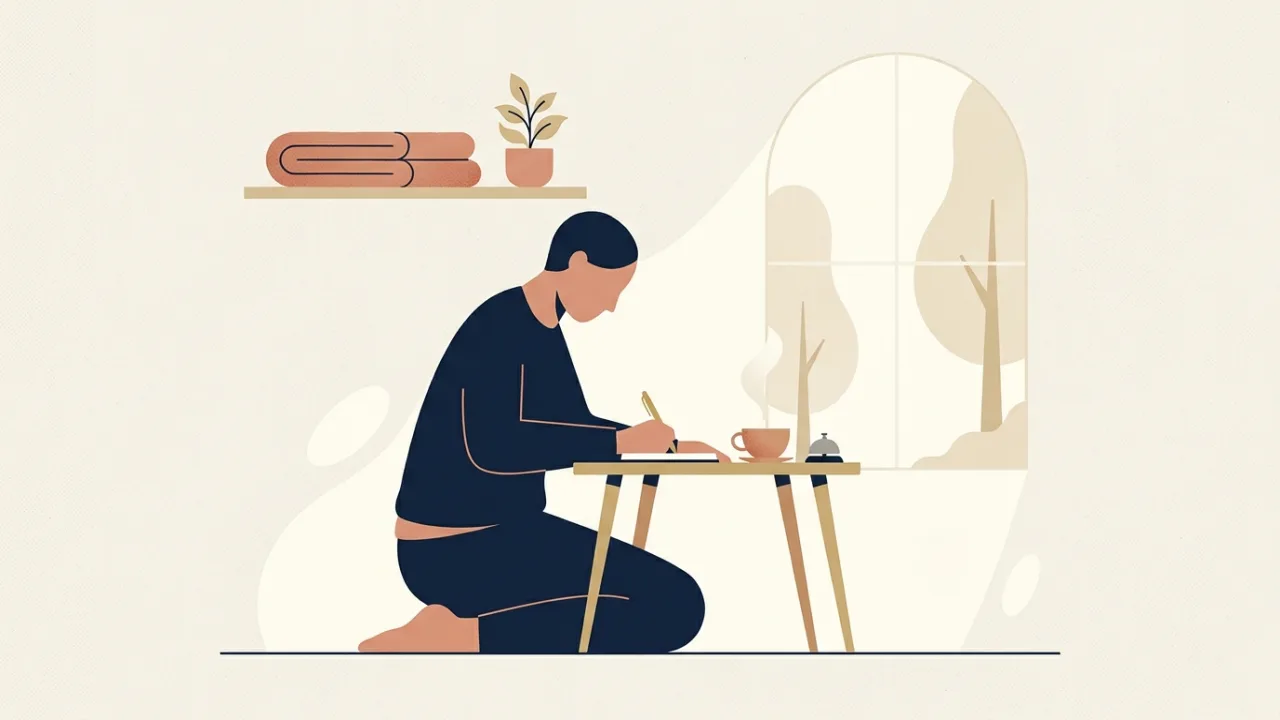 Illustration of a meditation teacher at a small wooden desk after class writing in a notebook, a cup of tea beside them, a bell and folded blanket on a shelf