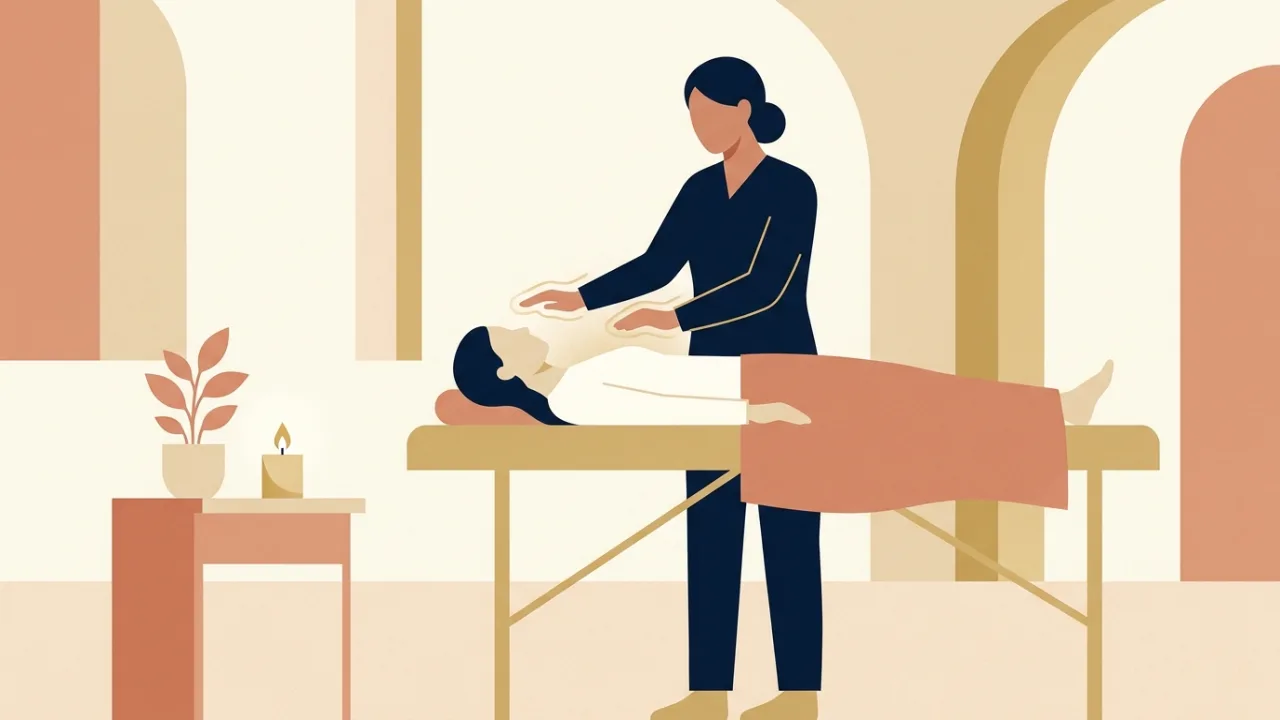 Illustration of a Reiki practitioner standing beside a client lying on a treatment table, hands held above the client's shoulders in a calm room