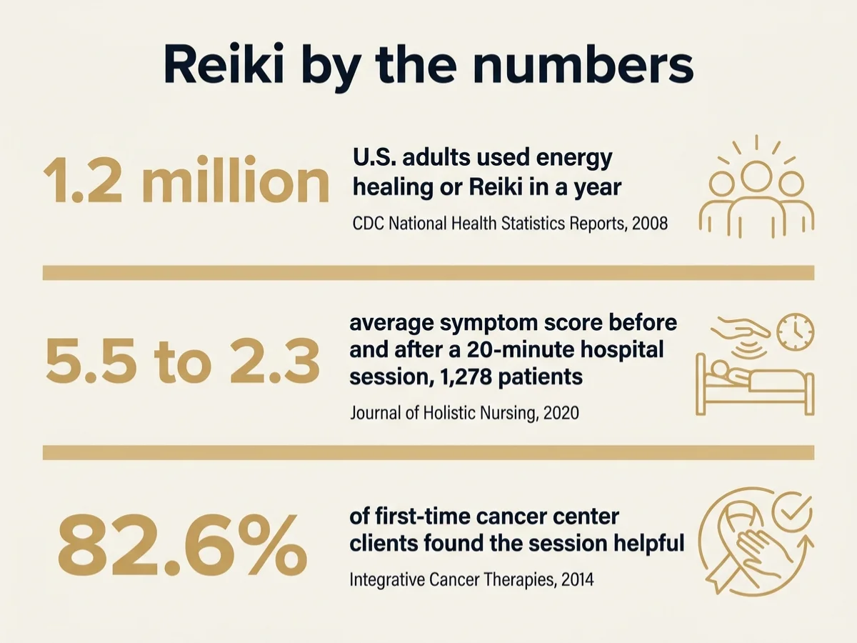Infographic titled Reiki by the numbers: 1.2 million U.S. adults used energy healing or Reiki in a year (CDC, 2008); average symptom score fell from 5.5 to 2.3 after a 20-minute hospital session across 1,278 patients (Journal of Holistic Nursing, 2020); 82.6% of first-time cancer center clients found the session helpful (Integrative Cancer Therapies, 2014)
