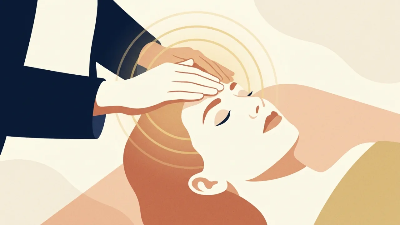 Illustration of a practitioner's hands resting gently on a client's forehead, soft gold rings suggesting warmth radiating from the hands