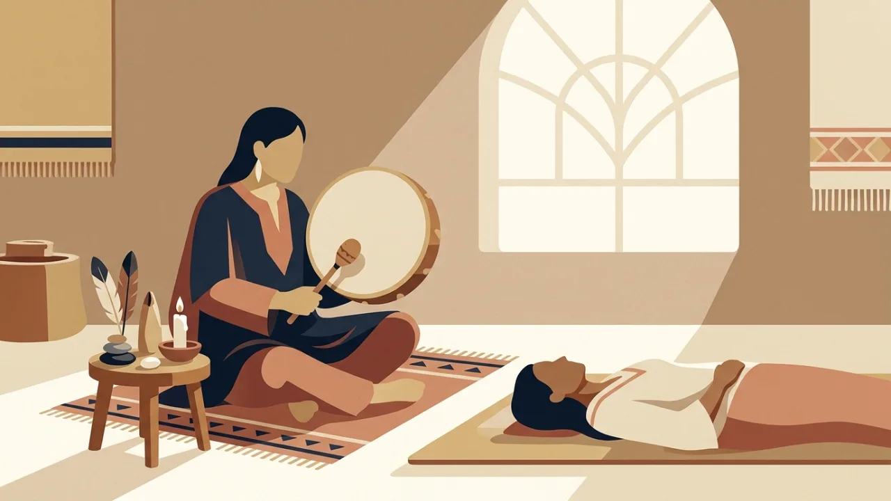 Illustration of a shamanic practitioner seated on a woven rug holding a frame drum, a small altar of feathers, stones and a candle beside them, a client lying on a blanket nearby