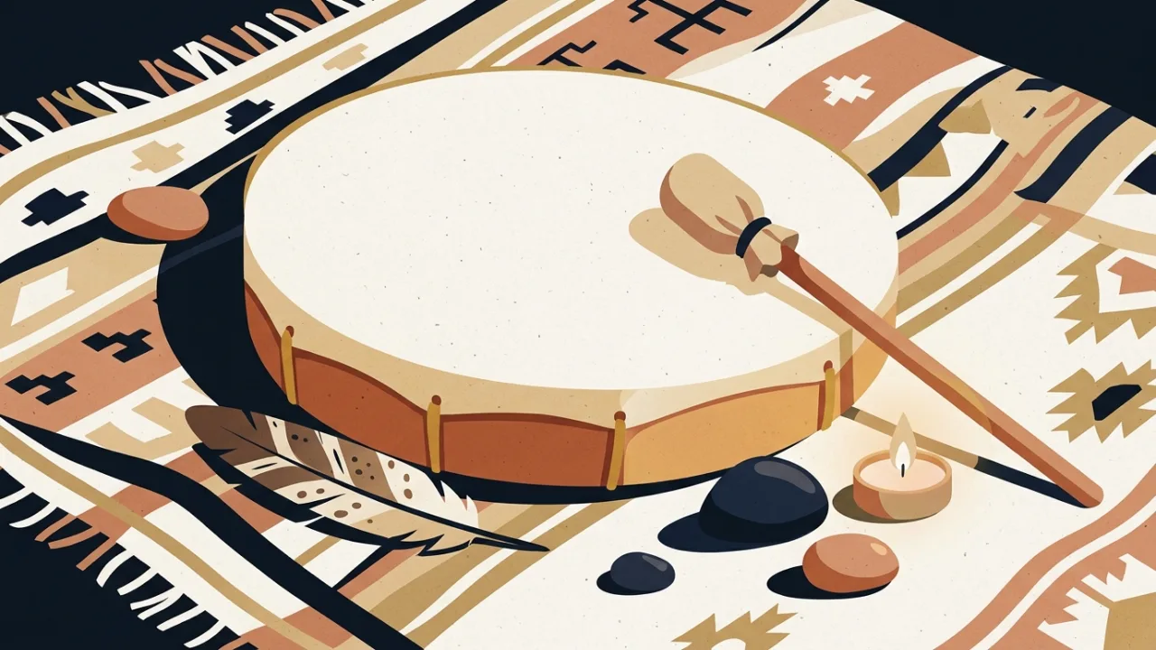 Illustration of a hand-held frame drum and a beater resting on a woven blanket beside a feather, river stones and a small candle