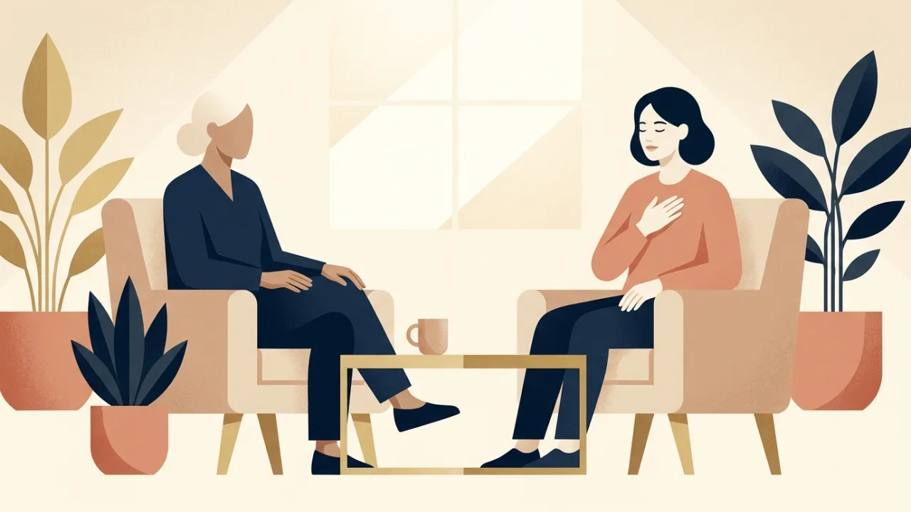 Illustration of a somatic practitioner and a client sitting in two chairs facing each other, the client with a hand resting on their own chest and eyes closed