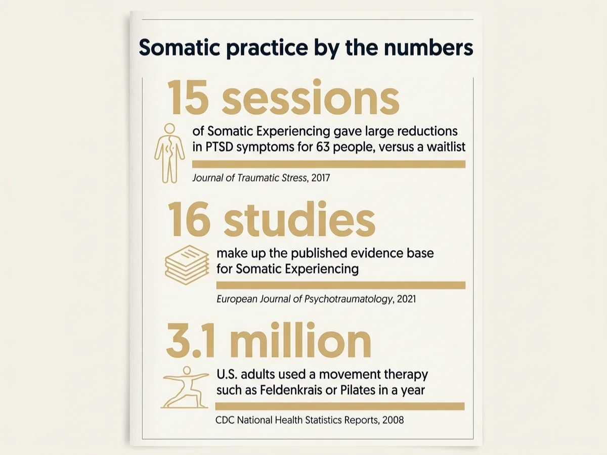 Infographic titled Somatic practice by the numbers: 15 sessions of Somatic Experiencing gave large reductions in PTSD symptoms for 63 people versus a waitlist (Journal of Traumatic Stress, 2017); 16 studies make up the published evidence base for Somatic Experiencing (European Journal of Psychotraumatology, 2021); 3.1 million U.S. adults used a movement therapy such as Feldenkrais or Pilates in a year (CDC, 2008)