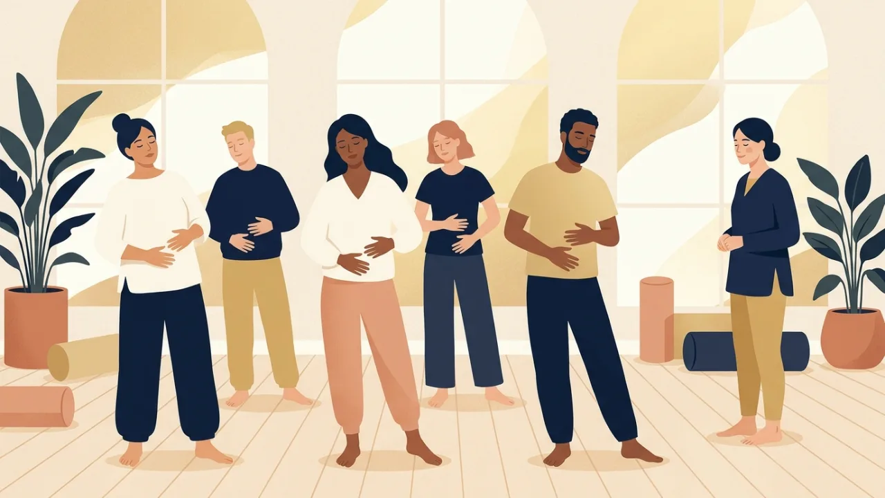 Illustration of six adults standing barefoot in a bright studio, each slowly swaying with eyes closed and hands on their bellies, a facilitator standing at the side