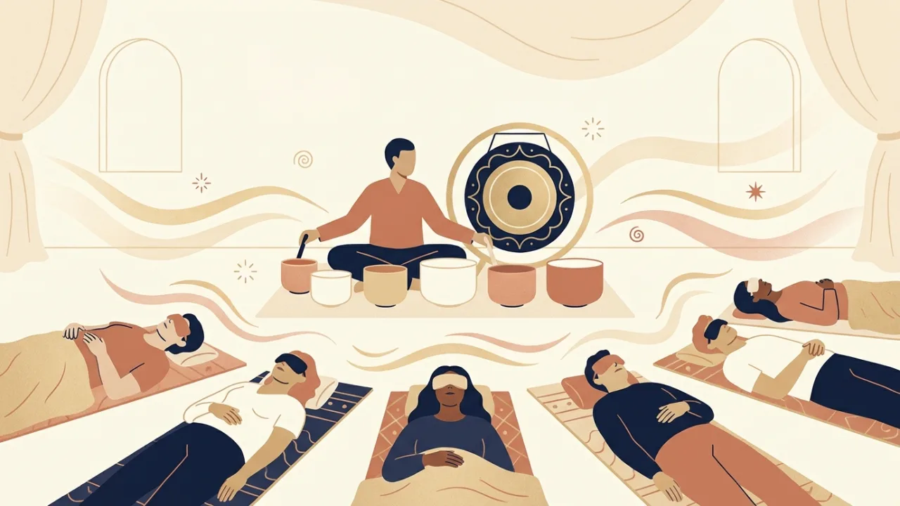 Illustration of a sound healer seated behind singing bowls and a gong while participants lie on mats, gold sound waves rippling across the room