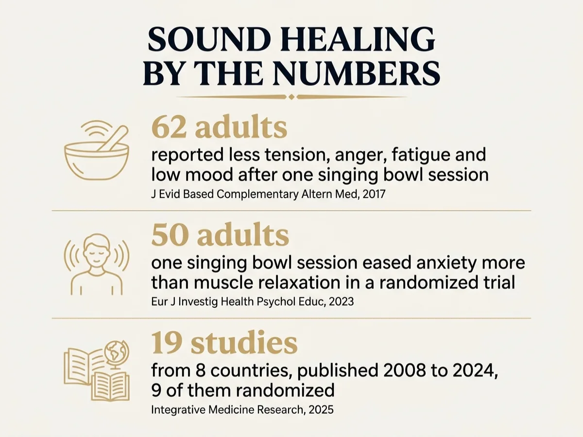 Infographic titled Sound healing by the numbers: 62 adults reported less tension, anger, fatigue and low mood after one singing bowl session (2017); 50 adults, one singing bowl session eased anxiety more than muscle relaxation in a randomized trial (2023); 19 clinical studies from 8 countries published 2008 to 2024, 9 of them randomized (2025)
