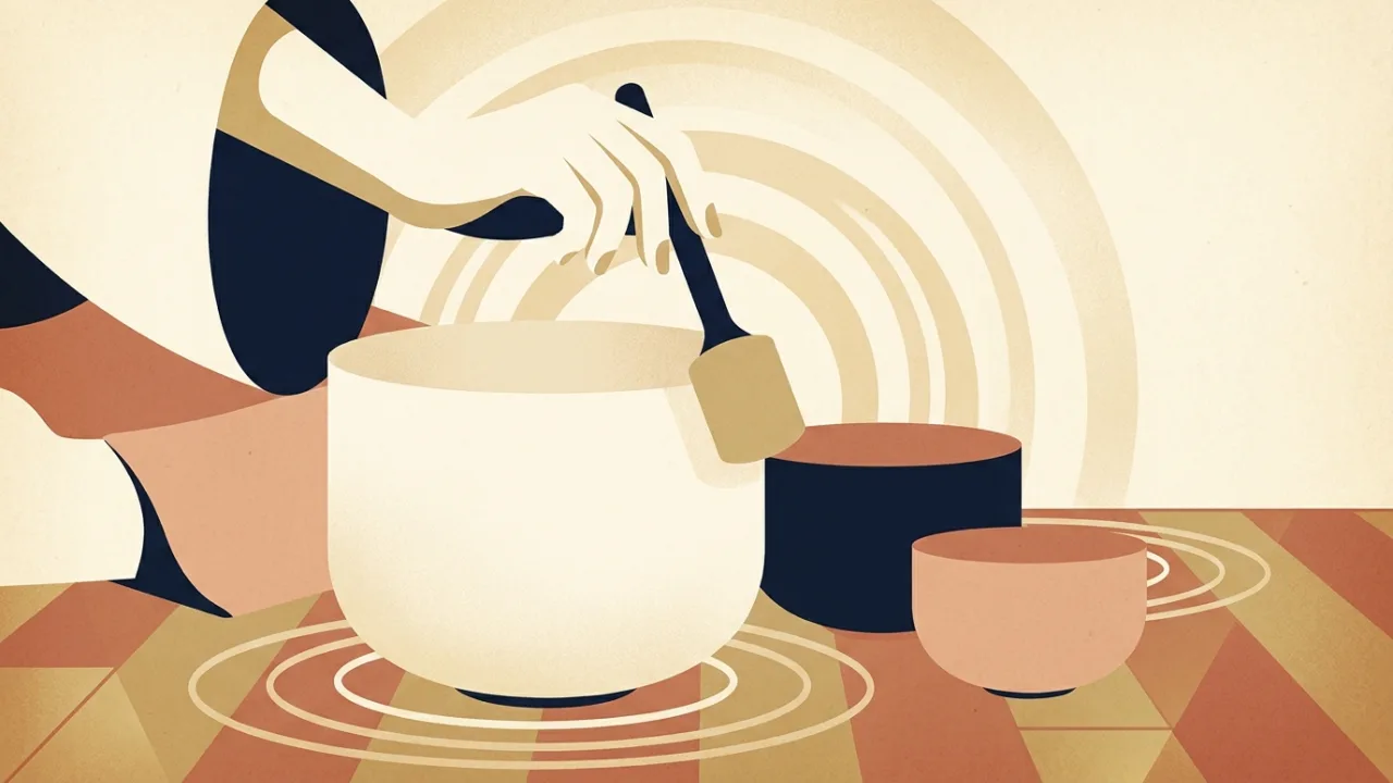 Illustration of a hand running a mallet around the rim of a frosted crystal singing bowl, with other bowls on a wooden floor and soft circular ripples of sound