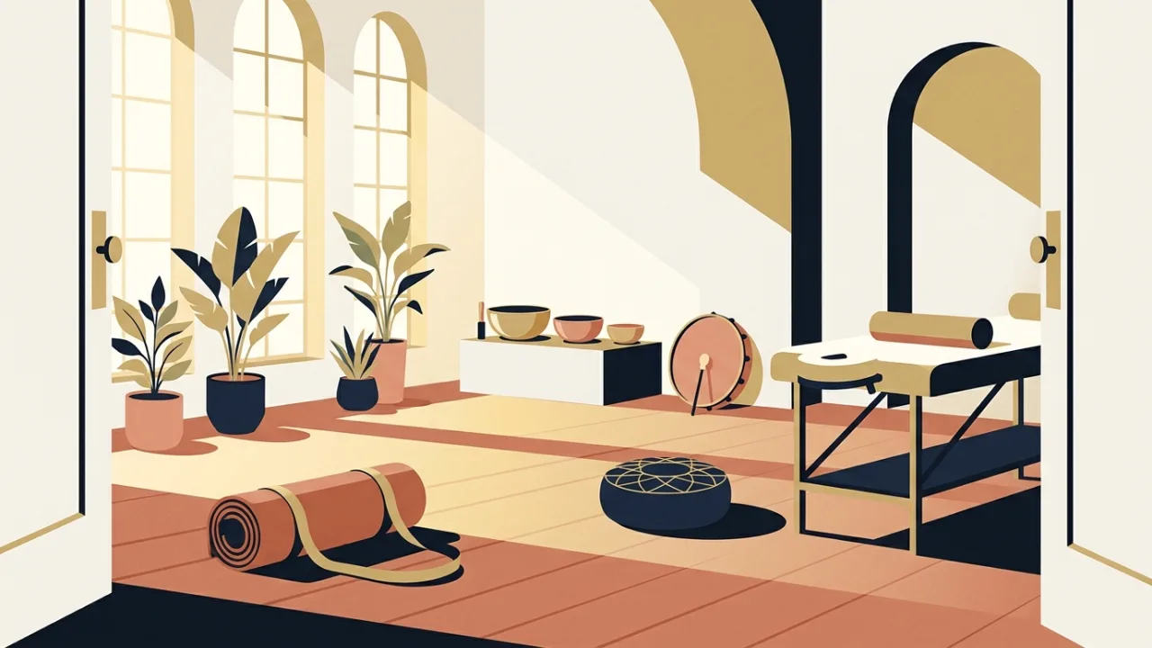 Illustration of a sunlit wellness studio with a rolled mat, singing bowls, a frame drum, a meditation cushion and a massage table arranged around the room