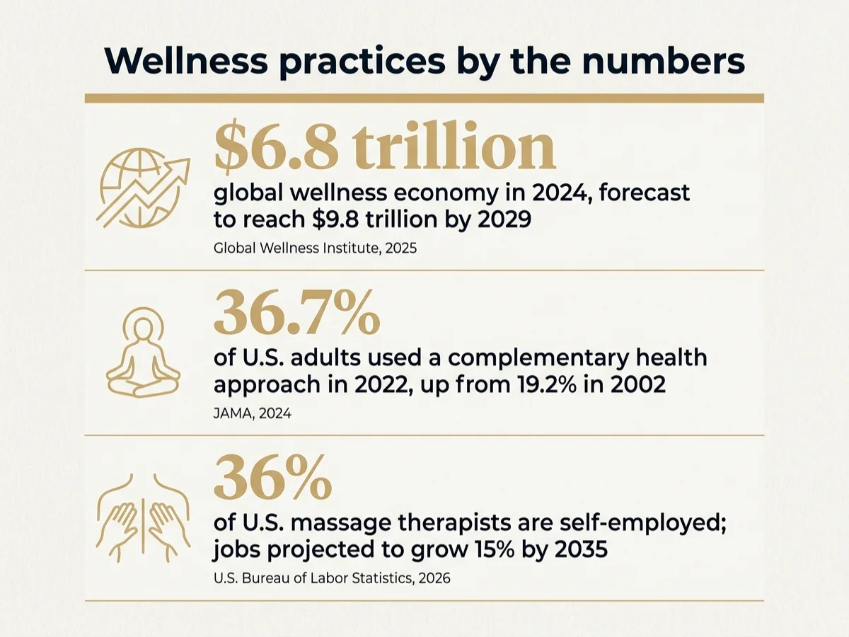 Infographic titled Wellness practices by the numbers: the global wellness economy reached $6.8 trillion in 2024 and is forecast to reach $9.8 trillion by 2029 (Global Wellness Institute, 2025); 36.7% of U.S. adults used a complementary health approach in 2022, up from 19.2% in 2002 (JAMA, 2024); 36% of U.S. massage therapists are self-employed and jobs are projected to grow 15% by 2035 (U.S. Bureau of Labor Statistics, 2026)