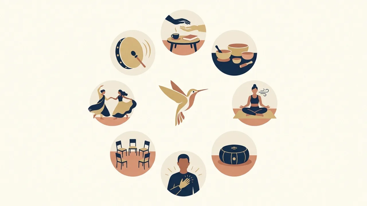 Illustration of eight small circular vignettes arranged in a ring, each showing one practice, with a small hummingbird at the center